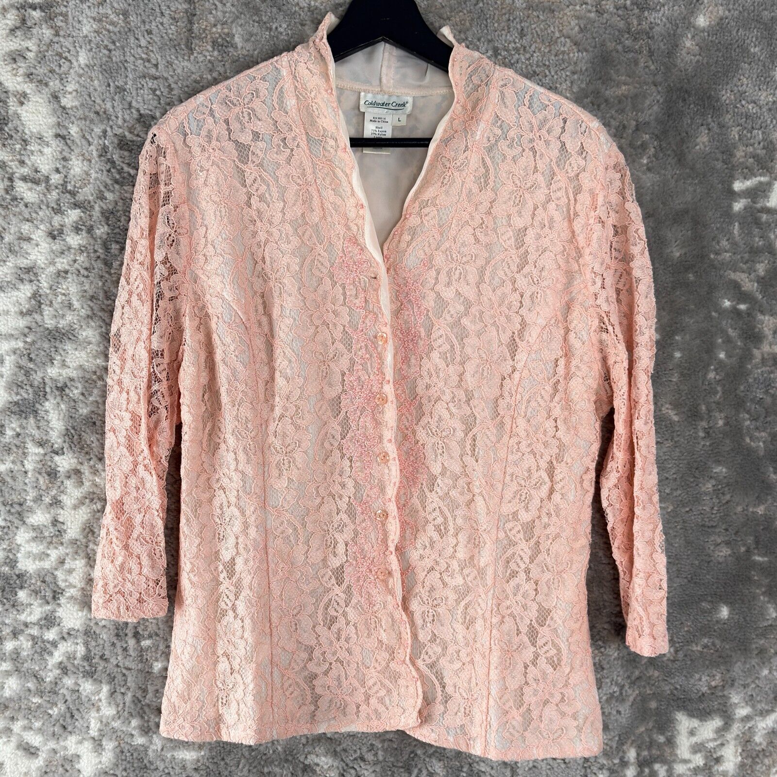 Coldwater Creek Womens Size L Floral Lace Print V Neck Button Top Pink 3/4 Sleev